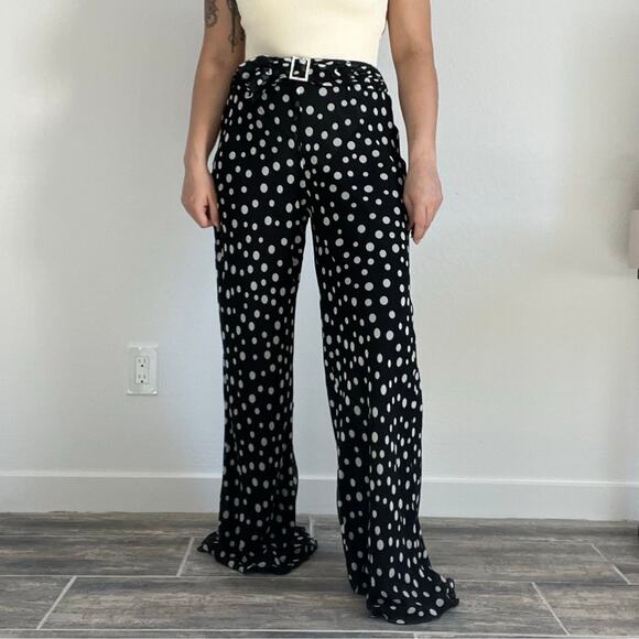 Vintage Carlisle 100% Silk Polka Dot Wide Leg Pants with Belt Black White Size 4 - Picture 4 of 14